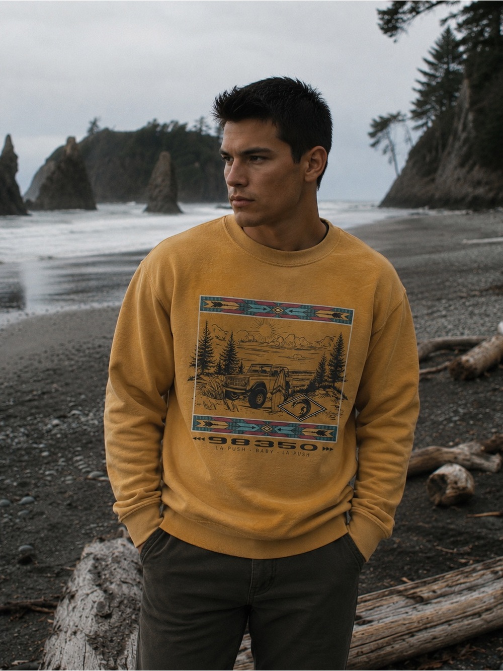 Retro Vibe Prairie Mountain Pacific Northwest Surf and Native American Graphics